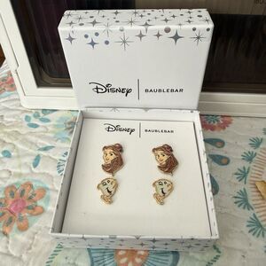 Baublebar 2 Pairs Stud Earrings Disney Beauty & Beast Belle & Teacup Chip New